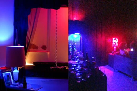 The private lounge at the former Night Gallery in Lincoln Heights (left), Photo: KCRW; and the current private lounge at Night Gallery's new digs (right), Photo: Sharsten.